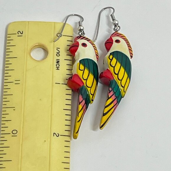 Hand-Painted wooden Parrot Dangle Earrings with Vibrant Tropical Colors - Picture 6 of 7
